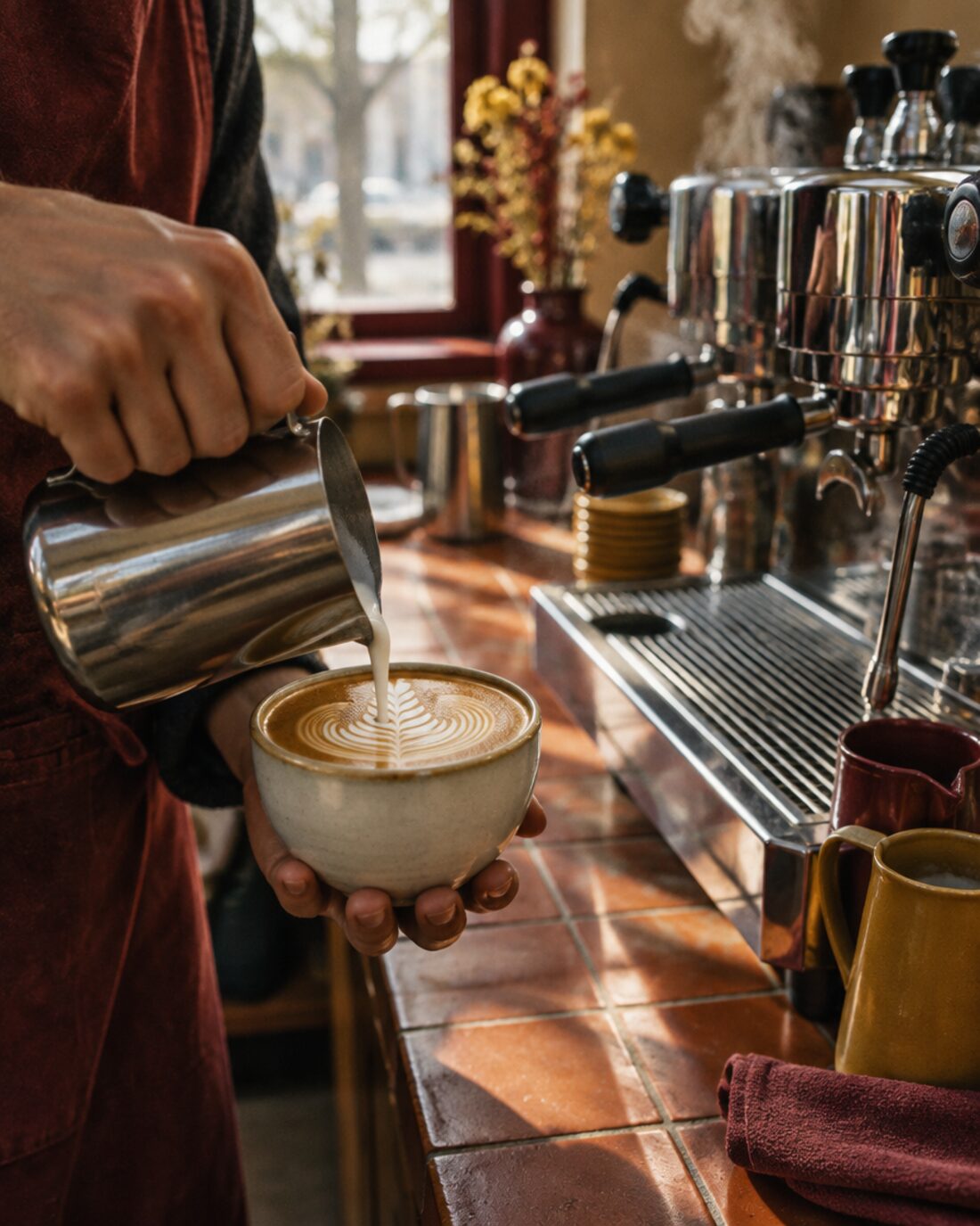 Barista pouring latte art beside an espresso machine