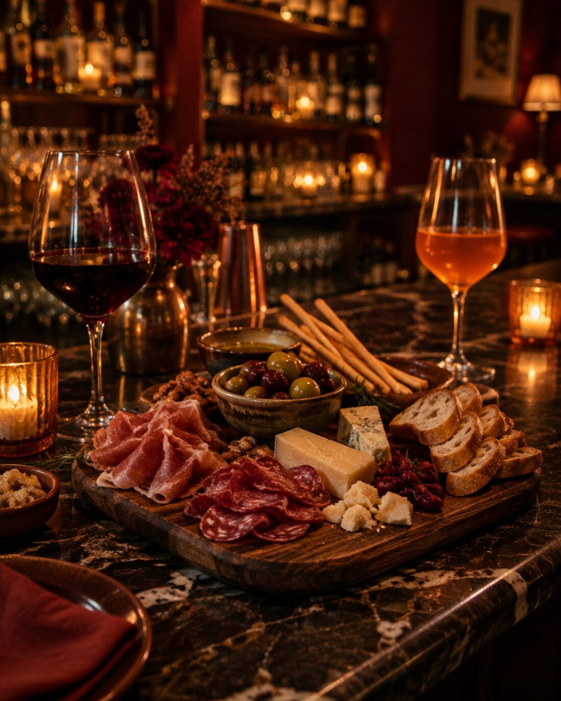Charcuterie board with red and orange wine at the bar in the evening