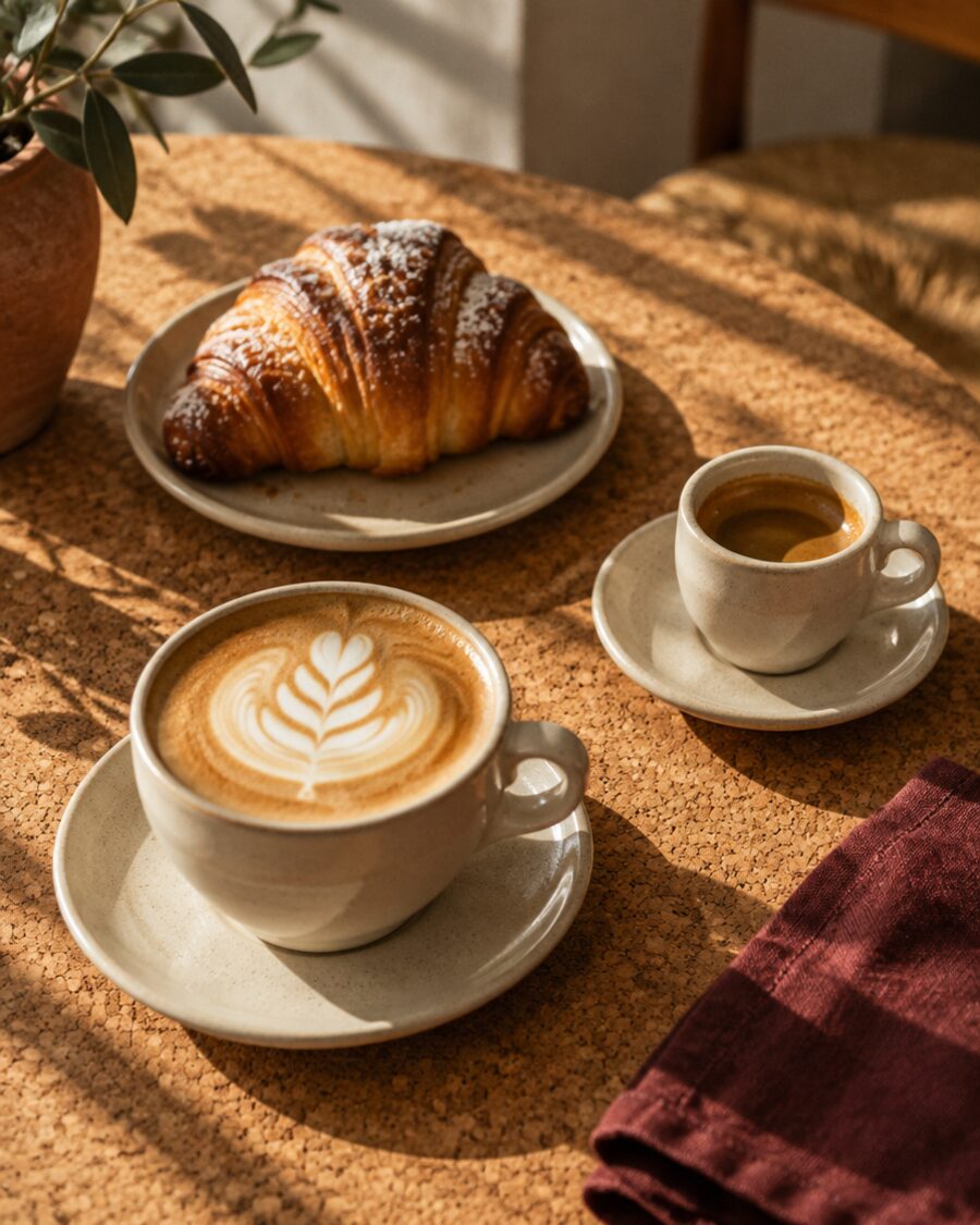 Flat white, espresso and a cornetto on a cork table
