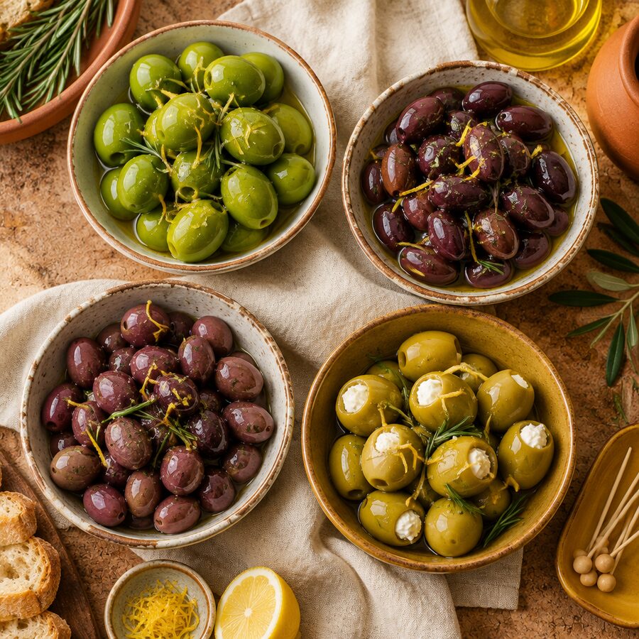 Bowls of Castelvetrano, Kalamata, Gaeta and Cerignola olives
